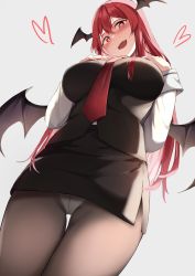 Rule 34 | 1girl, :d, absurdres, arms up, bat wings, blush, breasts, from below, grey background, hand on own chest, hand up, head wings, heart, heart-shaped pupils, highres, koakuma, large breasts, long hair, long sleeves, looking at viewer, nagomian, necktie, open mouth, panties, pantyhose, perspective, red eyes, red hair, simple background, skirt, smile, solo, symbol-shaped pupils, touhou, underwear, upskirt, wings