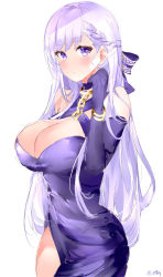 Rule 34 | 1girl, 7give, absurdres, azur lane, bad id, bad pixiv id, bare shoulders, belfast (azur lane), belfast (the noble attendant) (azur lane), blue dress, blue eyes, blue gloves, blue ribbon, blush, braid, breasts, broken, broken chain, chain, cleavage, closed mouth, dress, elbow gloves, french braid, gloves, hair ribbon, hand up, highres, large breasts, long hair, looking at viewer, ribbon, silver hair, simple background, solo, swept bangs, white background