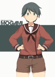Rule 34 | 10s, 1girl, bad id, bad tumblr id, belt, black hair, blouse, brown shorts, character name, closed mouth, collarbone, cowboy shot, eyebrows, green eyes, hands on own hips, kantai collection, long sleeves, looking at viewer, mogami (kancolle), multicolored background, neckerchief, red shirt, school uniform, serafuku, shigino sohuzi, shirt, short hair, shorts, smile, solo, standing, two-tone background