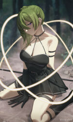 Rule 34 | 1girl, arm strap, armlet, bare shoulders, belt, black belt, black dress, black gloves, breasts, chilakkk, choker, cleavage, closed mouth, commentary request, dress, gloves, green hair, hair between eyes, highres, large breasts, long hair, looking at viewer, mage staff, pleated dress, purple eyes, short dress, side ponytail, single glove, sitting, skirt, solo, sorganeil, sousou no frieren, suspenders hanging, thigh strap, thighs, ubel (sousou no frieren), wariza