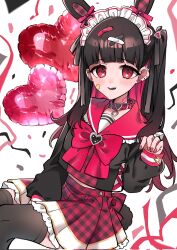 Rule 34 | 1girl, animal collar, back bow, baio rin, balloon, bandaid, birthday, black hair, black ribbon, black shirt, black thighhighs, blunt bangs, bow, choker, collar, cowboy shot, cross-laced clothes, cross-laced top, earrings, frilled sailor collar, frills, gradient hair, hair ribbon, heart, heart-shaped ornament, heart balloon, highres, jewelry, jirai kei, kimi no koto ga dai dai dai dai daisuki na 100-nin no kanojo, kngu0511, long sleeves, looking at viewer, miniskirt, multicolored hair, multiple earrings, o-ring, o-ring choker, parted lips, plaid bow, plaid clothes, plaid shirt, plaid skirt, pleated skirt, red bow, red choker, red eyes, red hair, red nails, red sailor collar, ribbon, sailor collar, sharp teeth, shirt, sitting, skirt, sleeve cuffs, solo, streamers, striped clothes, striped wrist cuffs, stud earrings, teeth, thighhighs, two side up, white background, wrist cuffs