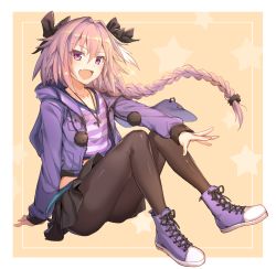 Rule 34 | 1boy, animal hood, astolfo (fate), astolfo (memories at trifas) (fate), black pantyhose, blouse, braid, converse, crop top, fate/apocrypha, fate (series), full body, hair between eyes, hair intakes, high tops, highres, hood, hoodie, icomochi, looking at viewer, male focus, official alternate costume, open clothes, open hoodie, open mouth, pantyhose, pink hair, purple eyes, purple footwear, rabbit hood, shirt, shoes, sidelocks, single braid, smile, sneakers, solo, star (symbol), starry background, striped clothes, striped shirt, thighs, trap, v-neck