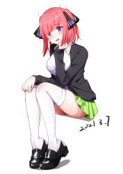 Rule 34 | 1girl, :d, absurdres, ass, black cardigan, black footwear, black ribbon, blue eyes, blunt bangs, blush, breasts, butterfly hair ornament, cardigan, elbow rest, go-toubun no hanayome, green skirt, hair ornament, head rest, head tilt, highres, large breasts, looking at viewer, miuna (498475051), nakano nino, open cardigan, open clothes, open mouth, pink hair, raised eyebrows, ribbon, shirt, simple background, sitting, skirt, sleeves past wrists, smile, thick thighs, thighhighs, thighs, twintails, white background, white shirt, white thighhighs, zettai ryouiki