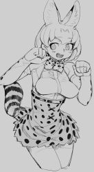 Rule 34 | 1girl, absurdres, animal ear fluff, animal ears, animal print, armpit crease, armpit peek, armpits, bare shoulders, belt, blush, bow, bowtie, breasts, elbow gloves, female focus, gloves, grey background, greyscale, hands up, high belt, highres, iizuna, kemono friends, legs together, monochrome, open mouth, serval (kemono friends), serval print, serval tail, sharp teeth, shirt, short hair, simple background, solo, standing, tail, taut clothes, taut shirt, teeth, thighhighs, traditional bowtie