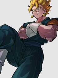 Rule 34 | 1boy, blue eyes, clenched teeth, crossed arms, dragon ball, dragonball z, earrings, gloves, grey background, jewelry, kemachiku, male focus, potara earrings, simple background, smile, solo, super saiyan, teeth, vegetto, white gloves