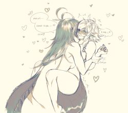 Rule 34 | 2girls, antenna hair, arknights, braid, breasts, completely nude, english text, gavial (arknights), green hair, grey hair, hair ornament, heart, highres, licking, licking another&#039;s neck, long hair, multiple girls, nude, orz (kagewaka), short hair, simple background, small breasts, speech bubble, tomimi (arknights), white background, yuri