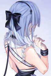 Rule 34 | 1girl, arm up, armpits, azur lane, back, backless dress, backless outfit, black bow, blue hair, bow, bracelet, breasts, chigusa minori, clip studio paint (medium), commentary request, dido (azur lane), dress, facing away, from behind, gradient background, hair bow, twirling hair, hairband, highres, jewelry, large breasts, long hair, maid, ponytail, short hair, sideboob, simple background, solo, upper body