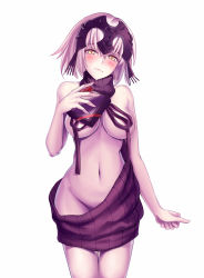 Rule 34 | 1girl, backless dress, backless outfit, bare shoulders, black sweater, breasts, closed mouth, cowboy shot, drawstring, dress, fate/grand order, fate (series), gift, grey hair, halterneck, hand up, headpiece, highres, holding, holding gift, jeanne d&#039;arc (fate), jeanne d&#039;arc alter (avenger) (fate), jeanne d&#039;arc alter (fate), looking at viewer, medium breasts, meme attire, naked sweater, navel, ribbed sweater, short hair, simple background, sirturner, solo, sweater, sweater dress, thighs, tsurime, turtleneck, turtleneck sweater, valentine, virgin killer sweater, wardrobe error, white background, yellow eyes