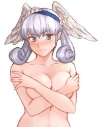 Rule 34 | 1girl, absurdres, breasts, cleavage, covering privates, covering breasts, head wings, highres, looking at viewer, melia antiqua, nude, silver hair, simple background, solo, tridis, tridisart, white background, wings, xenoblade chronicles 1, xenoblade chronicles: future connected, xenoblade chronicles (series)