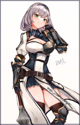 Rule 34 | 1girl, absurdres, armor, belt, belt buckle, black armor, black gloves, black panties, blue collar, braid, breastplate, breasts, buckle, buttons, choumi wuti (xueye fanmang zhong), circlet, cleavage, cleavage cutout, clothing cutout, collar, female knight, fingerless gloves, from below, gloves, gold trim, green eyes, highres, holding, holding weapon, hololive, knight, large breasts, mace, medium hair, mole, mole on breast, panties, shirogane noel, shirogane noel (1st costume), shoulder armor, signature, solo, thighhighs, thighs, underwear, virtual youtuber, weapon, white background, white hair, wrist guards, zettai ryouiki