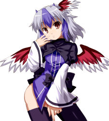 Rule 34 | 1girl, ass, bad id, bad pixiv id, bird wings, black thighhighs, blue hair, bottomless, brown eyes, capelet, female focus, head wings, long sleeves, looking at viewer, multicolored hair, salamander (hop-step), shirt, silver hair, simple background, solo, thighhighs, tokiko (touhou), touhou, two-tone hair, white background, wide sleeves, wings