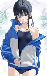 Rule 34 | 1girl, black hair, blue eyes, blue one-piece swimsuit, breasts, check commentary, commentary request, competition school swimsuit, cowboy shot, highres, jacket, long hair, looking at viewer, low twintails, mashiro kta, multicolored clothes, multicolored jacket, one-piece swimsuit, original, school swimsuit, small breasts, solo, swimsuit, track jacket, twintails, two-tone jacket, unzipping