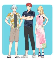 Rule 34 | 1girl, 2boys, alternate costume, alternate hairstyle, black pants, blonde hair, blue background, blue eyes, border, closed mouth, collared shirt, commentary request, creatures (company), crossed arms, cynthia (pokemon), dress, floral print, full body, game freak, grey hair, hands on own hips, jewelry, knees, lance (pokemon), long hair, multiple boys, nintendo, open clothes, open shirt, outside border, pants, pink dress, pokemon, pokemon dppt, pokemon hgss, pokemon oras, ponytail, red hair, ring, sandals, shirt, shoes, short hair, short sleeves, shorts, smile, spiked hair, standing, steven stone, toes, undershirt, white border, y (036 yng)