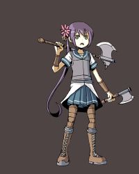 Rule 34 | 10s, 1girl, :o, akebono (kancolle), axe, bell, body armor, boots, brown background, brown eyes, brown footwear, cross-laced footwear, dual wielding, flower, full body, hair bell, hair flower, hair ornament, holding, jingle bell, kantai collection, long hair, open mouth, pleated skirt, purple hair, sailor collar, school uniform, serafuku, side ponytail, simple background, sixten, skirt, solo, very long hair, weapon