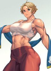 Rule 34 | 1girl, abs, blonde hair, blue eyes, breasts, highres, large breasts, looking at viewer, mikel (4hands), muscular, muscular female, original, short hair, simple background, smile, solo, tank top, thick thighs, thighs, towel