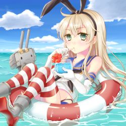 Rule 34 | 10s, 1girl, :3, afloat, bad id, bad pixiv id, cloud, day, drinking straw, elbow gloves, glass, gloves, green eyes, hairband, holding, innertube, kantai collection, light brown hair, long hair, looking at viewer, ocean, p-line, pantyhose, parune chigetsu, patterned legwear, puff of air, rensouhou-chan, school uniform, serafuku, shimakaze (kancolle), sky, solo focus, striped clothes, striped thighhighs, swim ring, thighhighs, turret, two-tone stripes, water, | |