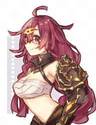 Rule 34 | 1girl, antenna hair, armpits, braid, breasts, cleavage, closed mouth, dorothy (sinoalice), gauntlets, glasses, hair ornament, hairpin, long hair, looking at viewer, merry-san, navel, purple eyes, purple hair, sarashi, simple background, single gauntlet, sinoalice, smile, twin braids, white background