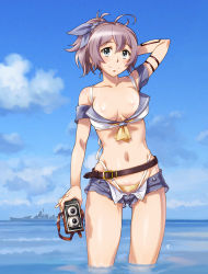 Rule 34 | 1girl, ahoge, aoba (cruiser), aoba (kancolle), arm behind head, arm strap, belt, bikini, bikini tan, blue eyes, blue shorts, blue sky, blush, breasts, camera, cleavage, closed mouth, cruiser, day, groin, hair between eyes, hair ornament, highleg, highleg bikini, historical name connection, holding, holding camera, imperial japanese navy, kantai collection, long hair, looking at viewer, messy hair, military, military vehicle, name connection, navel, object namesake, ocean, open fly, open mouth, outdoors, ponytail, purple hair, sameha ikuya, scrunchie, ship, short shorts, shorts, sidelocks, signature, sky, smile, solo, stomach, swimsuit, tan, tanline, thighs, unbuttoned, unbuttoned pants, unzipped, wading, warship, water, watercraft, yellow bikini
