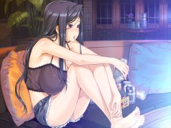 Rule 34 | 1girl, alcohol, bare shoulders, barefoot, beer, blue hair, blush, breast press, breasts, can, classy cranberry&#039;s, cleavage, couch, feet, game cg, happoubi jin, huge breasts, legs, long hair, oze kyouka, pillow, purple eyes, short shorts, shorts, sitting, soles, solo, thighs, toes