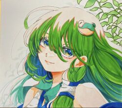 1girl bare_shoulders blue_eyes blue_hair blue_shirt closed_mouth collared_shirt commentary_request detached_sleeves eyelashes frog_hair_ornament green_hair hair_between_eyes hair_ornament hair_tubes kochiya_sanae lips long_hair looking_at_viewer photo_(medium) portrait shirt simple_background single_hair_tube sleeveless sleeveless_shirt smile solo touhou traditional_media two-tone_shirt uchisaki_himari white_background white_shirt