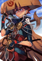Rule 34 | 1boy, animal, animal on shoulder, black gloves, brown cape, brown eyes, cape, closed mouth, coppa, cowboy shot, fingerless gloves, fuurai no shiren, gloves, hand up, hat, hungry clicker, male focus, mouth hold, red hair, rice hat, shiren (fuurai no shiren), shiren the wanderer, smile, solo, stalk in mouth, standing