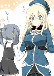 Rule 34 | 10s, 2girls, absurdres, arm up, atago (kancolle), back, belt, beret, black gloves, blonde hair, blush, breasts, buttons, clenched hands, commentary request, dress, flying sweatdrops, from behind, gloves, green eyes, hair ribbon, hat, highres, kantai collection, large breasts, long hair, long sleeves, military, military uniform, multiple girls, ooshio (kancolle), pantyhose, pinafore dress, remodel (kantai collection), ribbon, ryuki (ryukisukune), school uniform, serafuku, shirt, sleeveless, sleeveless dress, suspenders, translation request, uniform, white shirt