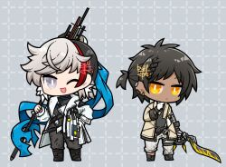 Rule 34 | 2boys, arknights, black hair, black pants, black shirt, bright pupils, brown coat, checkered background, chibi, coat, commentary, dark-skinned male, dark skin, dog-san, earclip, elysium (arknights), flag, gloves, grey background, grey eyes, grey hair, grey pants, holding, holding flag, holding sword, holding weapon, looking at viewer, multicolored hair, multiple boys, one eye closed, open mouth, pants, pants rolled up, red hair, shirt, signature, simple background, smile, sword, thorns (arknights), weapon, white coat, white gloves, white pupils, yellow eyes
