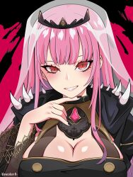 Rule 34 | 1girl, black nails, black tiara, breasts, cleavage, cloak, gem, highres, hololive, hololive english, hood, hooded cloak, large breasts, looking at viewer, mori calliope, pink hair, red eyes, simple background, smile, solo, solo focus, tiara, veil, virtual youtuber