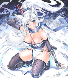 Rule 34 | 1girl, animal ears, arm behind head, arm up, artist name, at classics, bare shoulders, black thighhighs, blue eyes, blue scarf, blush, breasts, bridal gauntlets, cleavage, closed mouth, elbow gloves, fishnet thighhighs, fishnets, floating hair, full body, gloves, groin, knee pads, kneeling, large breasts, long hair, looking at viewer, ninja, original, pelvic curtain, ponytail, sample watermark, scarf, side slit, smile, solo, sword, tail, thighhighs, traditional media, watermark, weapon, white hair, wolf ears, wolf tail