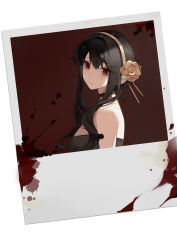 Rule 34 | 1girl, absurdres, bare shoulders, black hair, blood, blood splatter, breasts, choker, dress, dutch angle, flower, ginxiee, hair flower, hair ornament, hairband, head tilt, highres, light smile, looking at viewer, looking to the side, photo (object), red background, red eyes, sidelocks, simple background, skindentation, solo, spy x family, strapless, strapless dress, updo, upper body, white background, yor briar