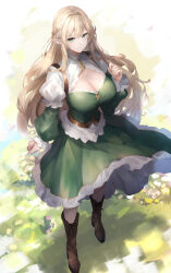 Rule 34 | 1girl, absurdres, baketsu, blonde hair, boots, braid, breasts, brown footwear, cleavage, clenched hands, crown braid, dress, elf, frilled dress, frills, full body, green dress, green eyes, highres, large breasts, long hair, original, pointy ears, puffy sleeves, solo