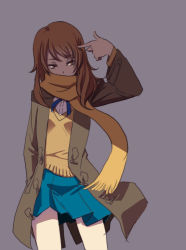 Rule 34 | 1girl, blonde hair, blue skirt, bow, bowtie, car6s, coat, coppelion, covered mouth, finger gun, finger gun to head, grey background, long hair, miniskirt, open clothes, open coat, ozu kanon, pleated skirt, pointing, pointing at self, scarf, scarf over mouth, shaded face, shadow, simple background, skirt, solo, yellow eyes