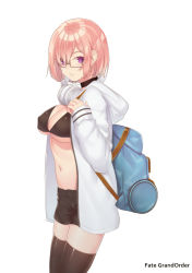 Rule 34 | 1girl, alternate costume, backpack, bag, bikini, bikini top only, black-framed eyewear, black bikini, black neckwear, black shorts, black thighhighs, breasts, choker, cleavage, copyright name, cowboy shot, ellenprince181, fate/grand order, fate (series), from side, glasses, hair over one eye, hands up, headphones, headphones around neck, highres, hood, hood down, hooded jacket, jacket, large breasts, legs together, long sleeves, looking at viewer, mash kyrielight, midriff, navel, open clothes, open hood, open jacket, parted lips, purple eyes, purple hair, semi-rimless eyewear, shiny clothes, short hair, short shorts, shorts, simple background, skindentation, sleeves past wrists, solo, standing, stomach, swimsuit, thighhighs, under-rim eyewear, underboob, white background, white hood