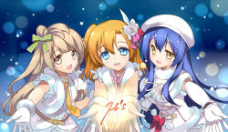 Rule 34 | 10s, 3girls, blue eyes, blue hair, blush, brown eyes, brown hair, gloves, glowing, hat, kosaka honoka, long hair, looking at viewer, love live!, love live! school idol project, minami kotori, multiple girls, open mouth, outstretched arms, rei (rei&#039;s room), short hair, side ponytail, skirt, smile, snow, snow halation, sonoda umi