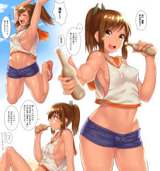 Rule 34 | 10s, 1girl, armpits, blush, breasts, brown eyes, brown hair, gradient background, highres, i-401 (kancolle), jumping, kantai collection, mizuse kouichi, no bra, ponytail, sandals, shorts, sideboob, small breasts, smile, tan, translation request