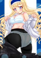 Rule 34 | 1girl, artist name, ass, blonde hair, blue eyes, bow, breasts, cecilia alcott, cleavage, drill hair, hair bow, highres, huge ass, infinite stratos, kneeling, large breasts, legs, long hair, looking at viewer, looking back, open clothes, open shirt, panties, pantyhose, puckered lips, skirt, thick thighs, thighs, unbuttoned, underwear, unworn skirt, very long hair