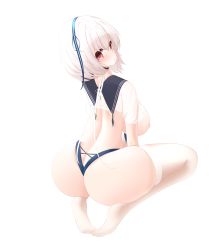 Rule 34 | 1girl, absurdres, ass, azur lane, back, blush, breasts, butt crack, highres, huge ass, huge breasts, looking at viewer, looking back, nicorima, nipples, red eyes, seiza, sirius (azur lane), sitting, solo, thighhighs, thighs, white hair, white thighhighs