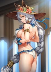 Rule 34 | 10s, 1girl, animal ears, armlet, ass, backless outfit, bare back, bracelet, braid, breasts, brown eyes, cowboy shot, ears through headwear, erune, flat ass, from side, granblue fantasy, hair between eyes, hair tubes, hat, heles, heles (summer) (granblue fantasy), jewelry, large breasts, long hair, looking at viewer, neo-masterpeacer, one-piece swimsuit, profile, sideboob, silver hair, single braid, solo, standing, sun hat, sunlight, swimsuit, very long hair