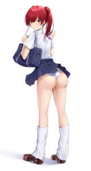 Rule 34 | 1girl, absurdres, artist request, ass, blush, carrying bag, from behind, heterochromia, highres, hololive, houshou marine, kneehighs, long hair, looking at viewer, open mouth, panties, ponytail, red eyes, red hair, school uniform, shiny skin, shoes, skirt, socks, solo, underwear, virtual youtuber, yellow eyes