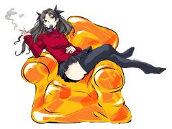Rule 34 | 1girl, absurdres, andyface, armchair, black ribbon, black skirt, black thighhighs, breasts, brown hair, chair, cigarette, commission, crossed legs, fate/stay night, fate (series), full body, green eyes, hair ribbon, highres, inflatable chair, jewelry, long hair, looking at viewer, medium breasts, miniskirt, mouth hold, necklace, no shoes, pleated skirt, red sweater, ribbon, skirt, smoke, smoking, solo, sweater, thighhighs, thighs, tobacco, tohsaka rin, turtleneck, turtleneck sweater, two side up, white background
