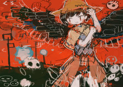 Rule 34 | 1girl, abstract, abstract background, black hair, black wings, brown hat, character request, check character, cowboy shot, hat, hito (nito563), kurokoma saki, open mouth, red eyes, short hair, skull, smile, solo, touhou, wings