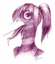 Rule 34 | 1girl, ashley (lmputation), beak, bird, lio-garakuta, ponytail, realistic, signature, simple background, solo, tongue, toriningen, turtleneck, watermark, yume nikki