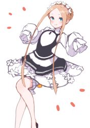 Rule 34 | 1girl, abigail williams (fate), abigail williams (festival outfit) (fate), alternate hairstyle, apron, blonde hair, blue eyes, dress, fate/grand order, fate (series), highres, kopaka (karda nui), long hair, maid, maid apron, maid headdress, official alternate costume, parted bangs, skirt, sleeves past wrists, solo, very long hair, white background