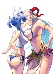 Rule 34 | 2girls, absurdres, alternate costume, animal ears, armband, ass, assertive female, asymmetrical docking, bare shoulders, bikini, blue eyes, blue hair, breast press, breasts, commission, commissioner upload, curled horns, female focus, fire emblem, fire emblem heroes, flower, flower necklace, food, freyja (fire emblem), goat horns, hair ornament, hand on own hip, highres, horns, ice, ice cream, ice horns, jewelry, juunishi aya, large breasts, long hair, matching hair/eyes, medium breasts, midriff, multicolored hair, multiple girls, navel, necklace, nifl (fire emblem), nintendo, non-web source, official alternate costume, official alternate hairstyle, open mouth, pelvic curtain, ponytail, red eyes, red horns, short hair, side-tie bikini bottom, size difference, stare down, swimsuit, thighs, trait connection, transparent background, two-tone bikini, two-tone swimsuit, white bikini, white hair
