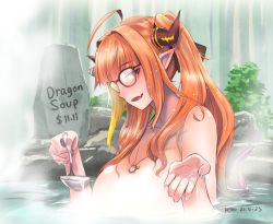 Rule 34 | 1girl, ahoge, blonde hair, blush, bow, breasts, brown-framed eyewear, commentary, dated, dragon girl, dragon horns, dragon tail, english commentary, english text, fang, glasses, hair intakes, highres, hololive, horn bow, horn ornament, horns, jewelry, kiryu coco, kivo, ladle, large breasts, light censor, long hair, looking at viewer, multicolored hair, necklace, onsen, open mouth, orange hair, purple eyes, solo, steam, streaked hair, tail, twintails, virtual youtuber, water