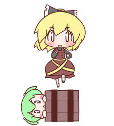 Rule 34 | 2girls, blonde hair, blush, blush stickers, bow, bucket, female focus, green hair, hair bow, in bucket, in container, kisume, kurodani yamame, long sleeves, maitora, multiple girls, open mouth, touhou, twintails, white eyes