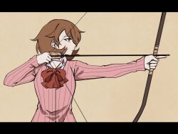 Rule 34 | 1girl, absurdres, arrow (projectile), bow, bow (weapon), bowtie, brown eyes, brown hair, cardigan, choker, closed mouth, collared shirt, earrings, fighting stance, highres, holding, holding arrow, holding bow (weapon), holding weapon, jewelry, kickthat can, long sleeves, looking to the side, loose bowtie, medium hair, outstretched arm, persona, persona 3, pink cardigan, profile, red bow, red bowtie, ribbed cardigan, shirt, simple background, solo, stud earrings, takeba yukari, upper body, weapon, white choker, white shirt