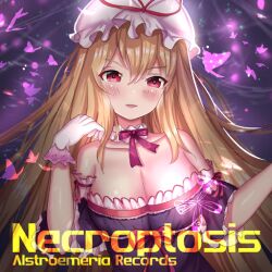 Rule 34 | 1girl, album cover, alstroemeria records, ame sagari, bare shoulders, blonde hair, blush stickers, bow, bowtie, breasts, bug, butterfly, choker, circle name, cleavage, collarbone, cover, dress, english text, floral print, frilled choker, frilled dress, frilled hat, frilled sleeves, frills, game cg, gloves, hat, hat ribbon, insect, large breasts, long hair, looking at viewer, mob cap, off-shoulder dress, off shoulder, official art, open mouth, outstretched arm, purple background, purple butterfly, purple dress, red bow, red bowtie, red eyes, red ribbon, ribbon, rose print, short sleeves, sleeve ribbon, smile, solo, touhou, touhou cannonball, upper body, v-shaped eyebrows, white choker, white gloves, white hat, yakumo yukari