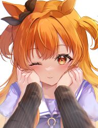 Rule 34 | 1girl, 1other, absurdres, animal ears, commentary request, film grain, hands on another&#039;s cheeks, hands on another&#039;s face, highres, horse ears, horse girl, long hair, looking at viewer, mayano top gun (umamusume), mimuta, one eye closed, orange eyes, orange hair, pov, pov hands, sailor collar, school uniform, solo focus, tracen school uniform, trainer (umamusume), two side up, umamusume, upper body, white background