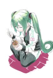 Rule 34 | 1girl, aqua hair, aqua nails, blowing on food, chopsticks, closed eyes, green hair, green nails, grey pants, hair ornament, hair scrunchie, hatsune miku, highres, indian style, jacket, long hair, looking down, naimaze atakamo, nissin cup noodle, number print, pants, scrunchie, sitting, solo, striped, track jacket, track pants, track suit, twintails, vertical stripes, very long hair, vocaloid